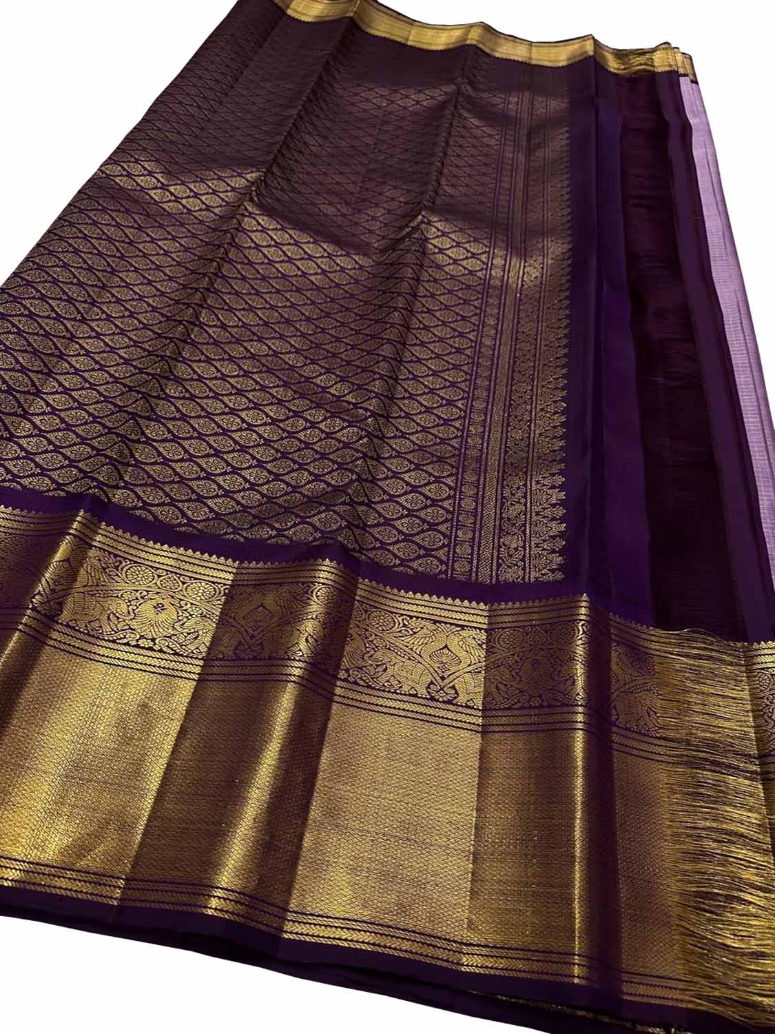 Stunning Purple Handloom Kanjeevaram Pure Silk Checks Saree - Luxurion World