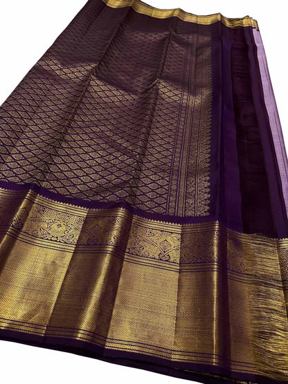 Stunning Purple Handloom Kanjeevaram Pure Silk Checks Saree - Luxurion World