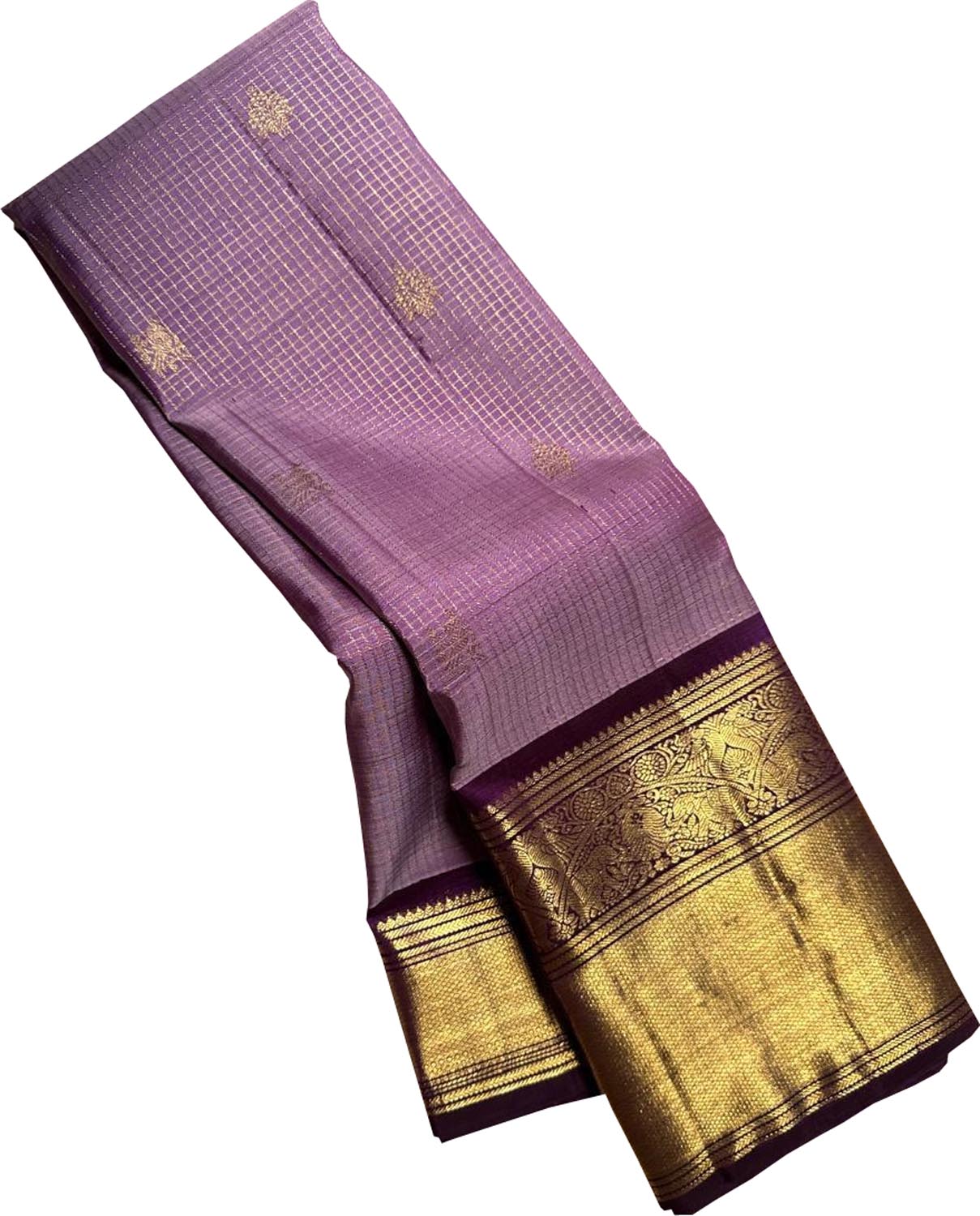 Stunning Purple Handloom Kanjeevaram Pure Silk Checks Saree - Luxurion World