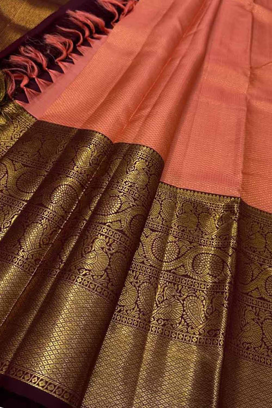 Orange Handloom Kanjeevaram Pure Silk Saree - Luxurion World