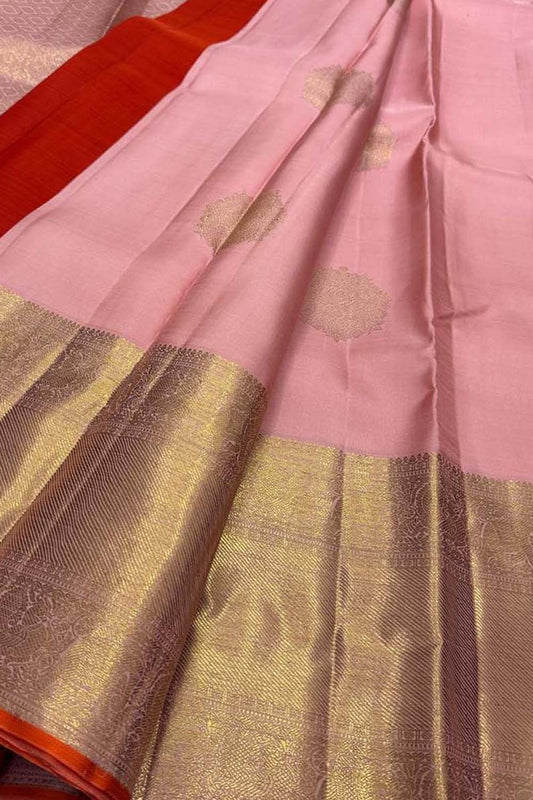 Pink And Golden Handloom Kanjeevaram Pure Silk Saree - Luxurion World