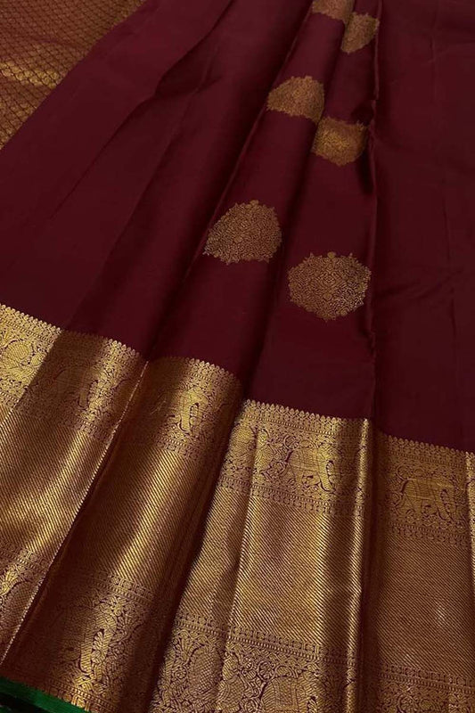 Exquisite Maroon And Golden Handloom Kanjeevaram Pure Silk Saree - Luxurion World
