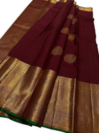 Exquisite Maroon And Golden Handloom Kanjeevaram Pure Silk Saree - Luxurion World