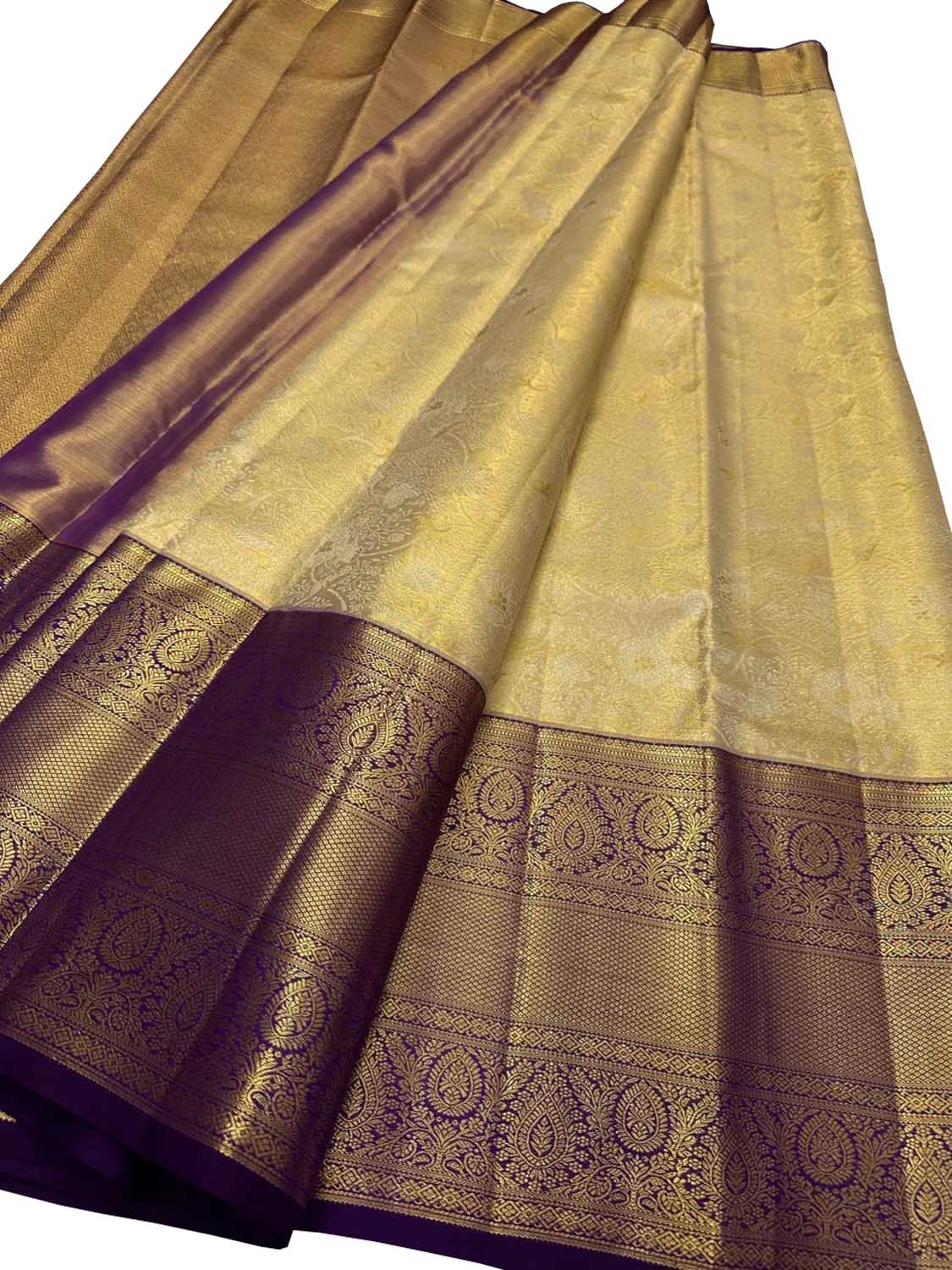 Exquisite Golden Handloom Kanjeevaram Pure Silk Saree - Luxurion World