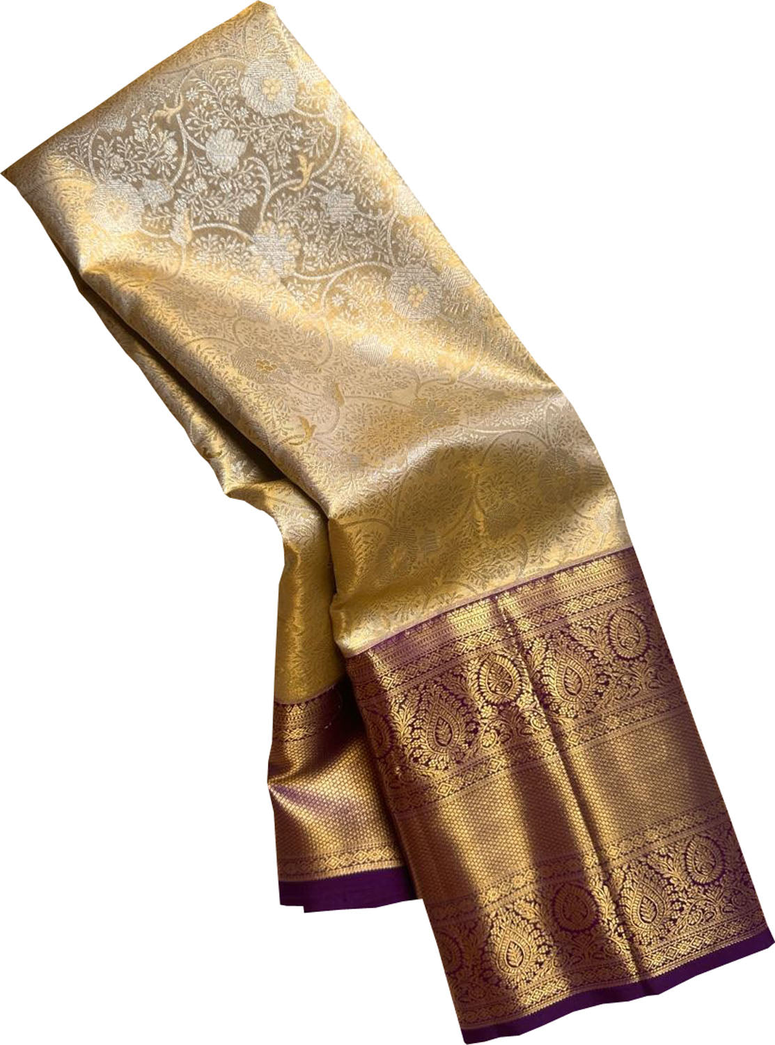 Exquisite Golden Handloom Kanjeevaram Pure Silk Saree - Luxurion World