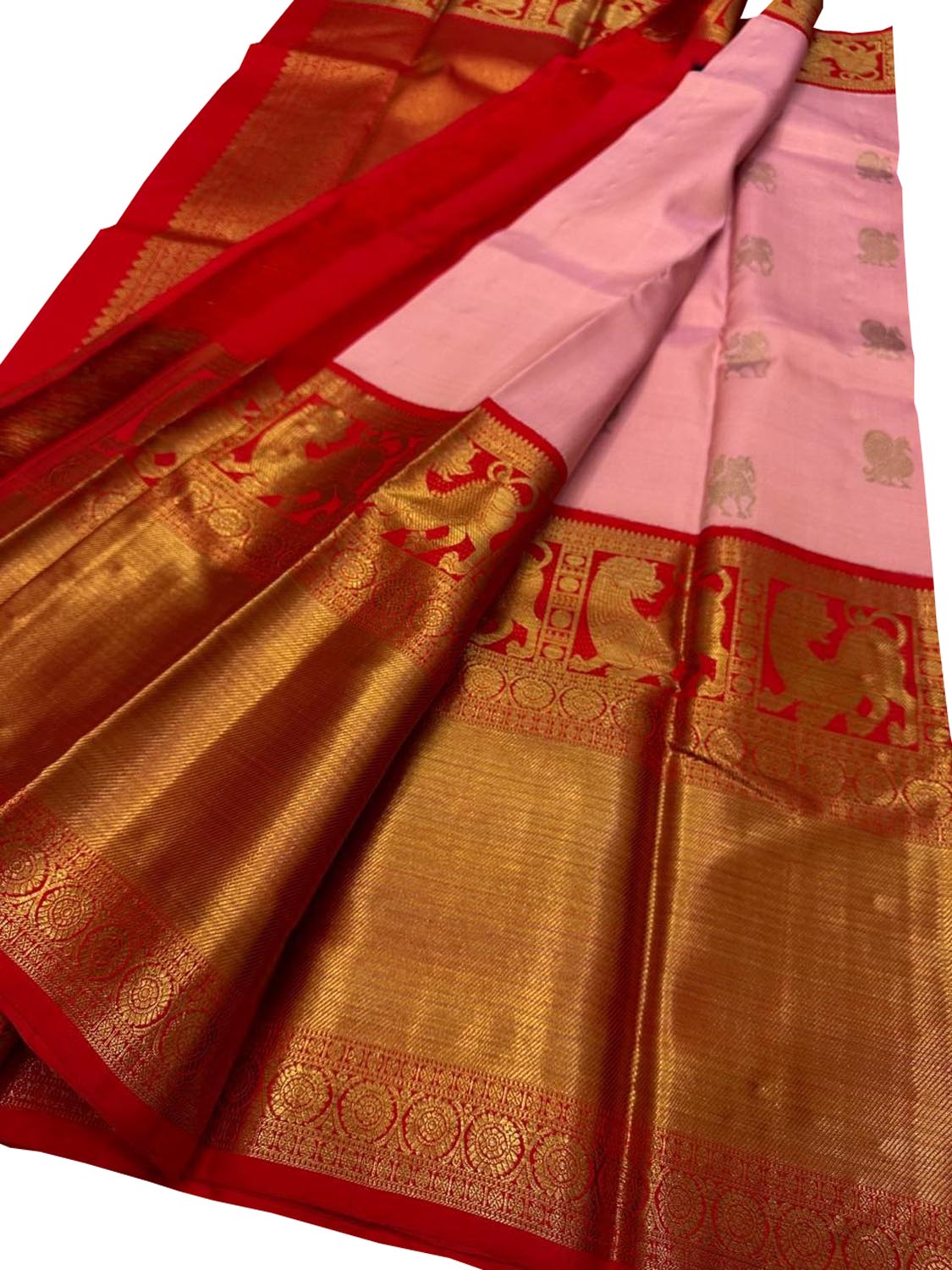 Stunning Pink And Red Handloom Kanjeevaram Pure Silk Saree - Luxurion World