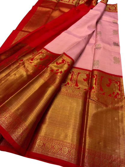Stunning Pink And Red Handloom Kanjeevaram Pure Silk Saree - Luxurion World