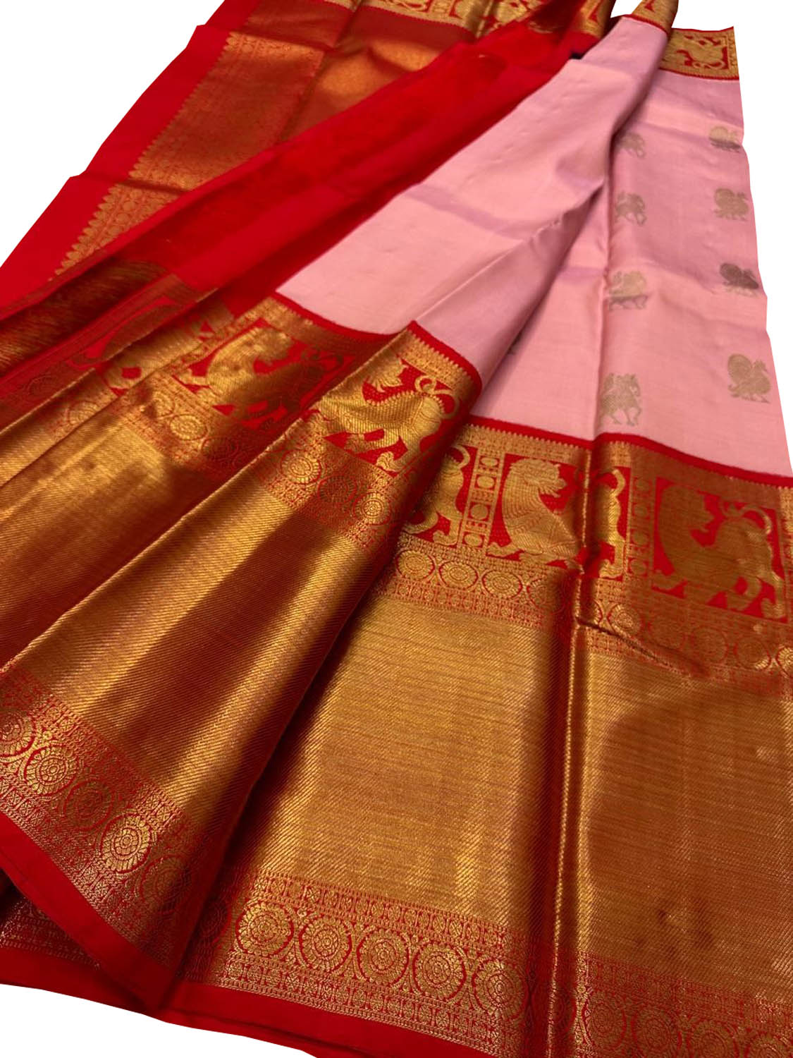Stunning Pink And Red Handloom Kanjeevaram Pure Silk Saree - Luxurion World