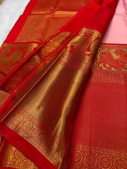 Stunning Pink And Red Handloom Kanjeevaram Pure Silk Saree - Luxurion World