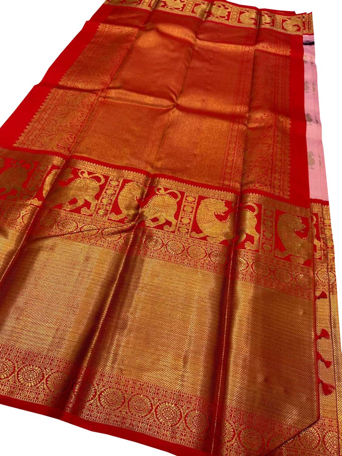 Stunning Pink And Red Handloom Kanjeevaram Pure Silk Saree - Luxurion World