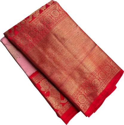 Stunning Pink And Red Handloom Kanjeevaram Pure Silk Saree - Luxurion World