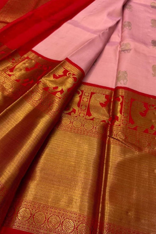 Stunning Pink And Red Handloom Kanjeevaram Pure Silk Saree - Luxurion World