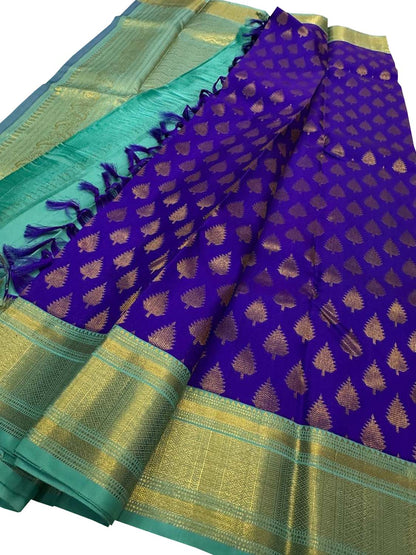 Exquisite Purple And Blue Handloom Kanjeevaram Pure Silk Saree - Luxurion World