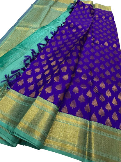 Exquisite Purple And Blue Handloom Kanjeevaram Pure Silk Saree - Luxurion World
