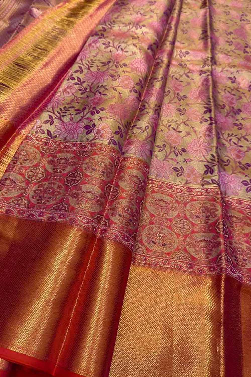 Pink Handloom Kanjeevaram Pure Silk Flower Design Saree - Luxurion World