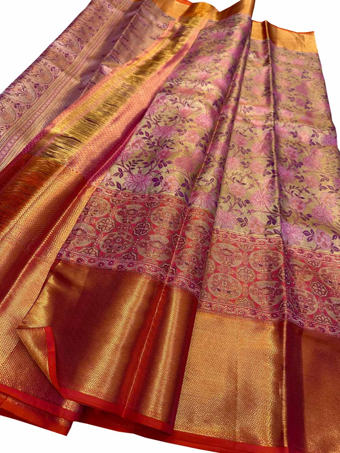 Pink Handloom Kanjeevaram Pure Silk Flower Design Saree - Luxurion World