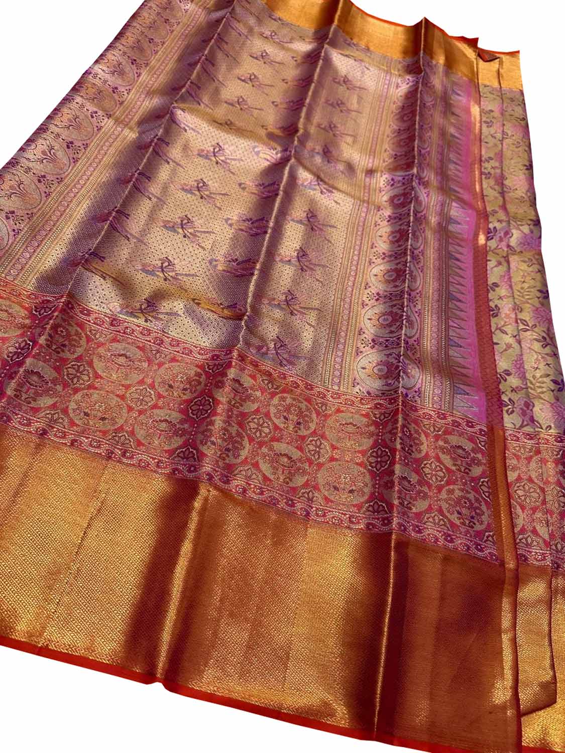 Pink Handloom Kanjeevaram Pure Silk Flower Design Saree - Luxurion World