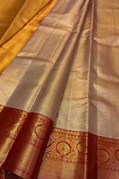 Exquisite Golden Handloom Kanjeevaram Pure Silk Saree With Red Border - Luxurion World