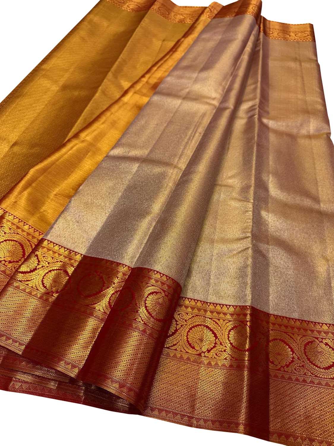 Exquisite Golden Handloom Kanjeevaram Pure Silk Saree With Red Border - Luxurion World