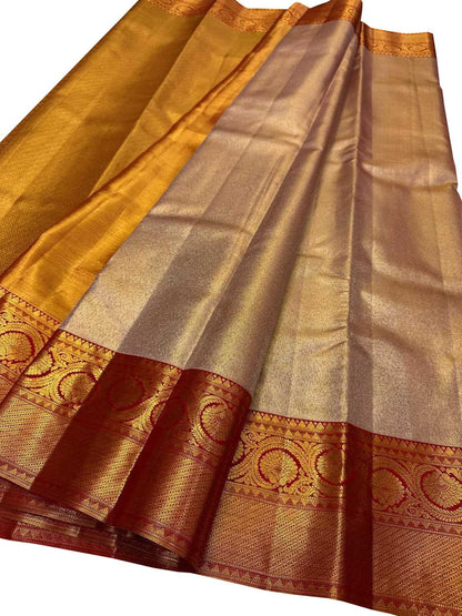Exquisite Golden Handloom Kanjeevaram Pure Silk Saree With Red Border - Luxurion World