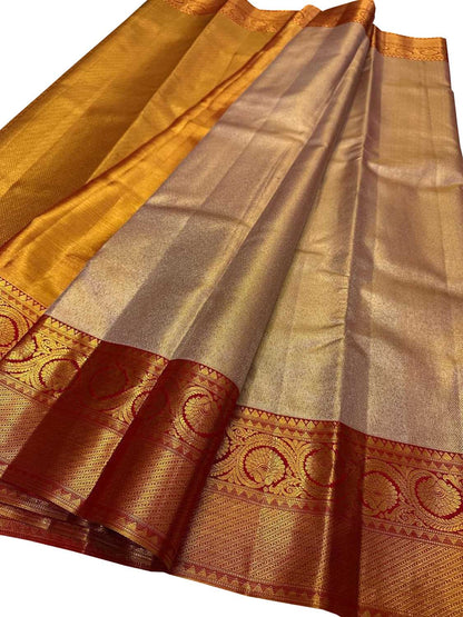Exquisite Golden Handloom Kanjeevaram Pure Silk Saree With Red Border - Luxurion World