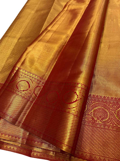 Exquisite Golden Handloom Kanjeevaram Pure Silk Saree With Red Border - Luxurion World