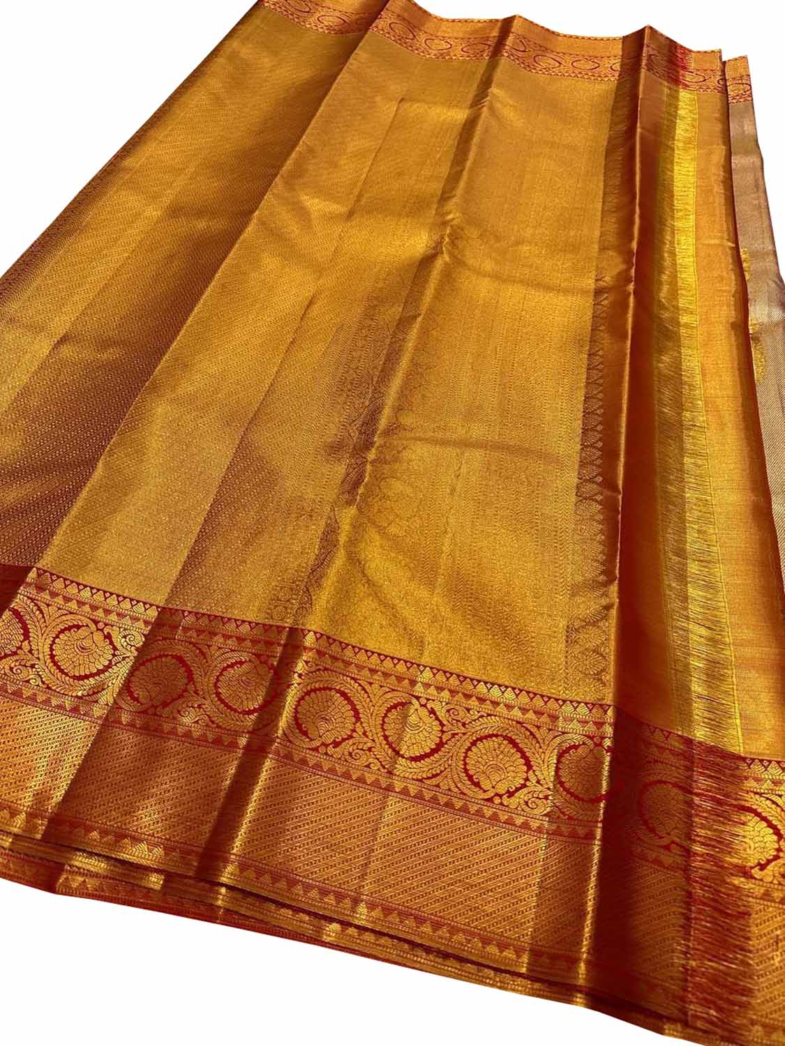 Exquisite Golden Handloom Kanjeevaram Pure Silk Saree With Red Border - Luxurion World