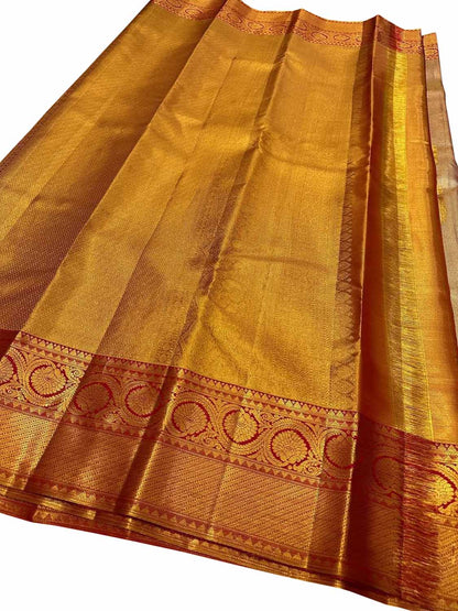 Exquisite Golden Handloom Kanjeevaram Pure Silk Saree With Red Border - Luxurion World