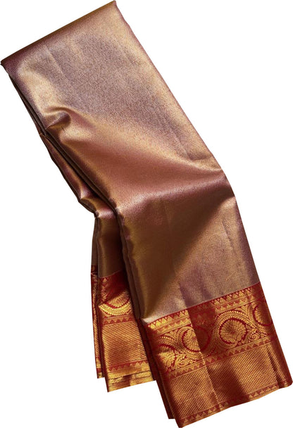 Exquisite Golden Handloom Kanjeevaram Pure Silk Saree With Red Border - Luxurion World