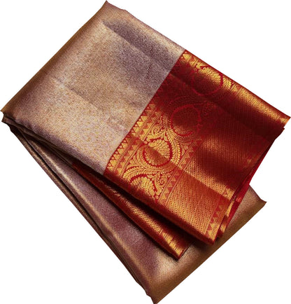 Exquisite Golden Handloom Kanjeevaram Pure Silk Saree With Red Border - Luxurion World