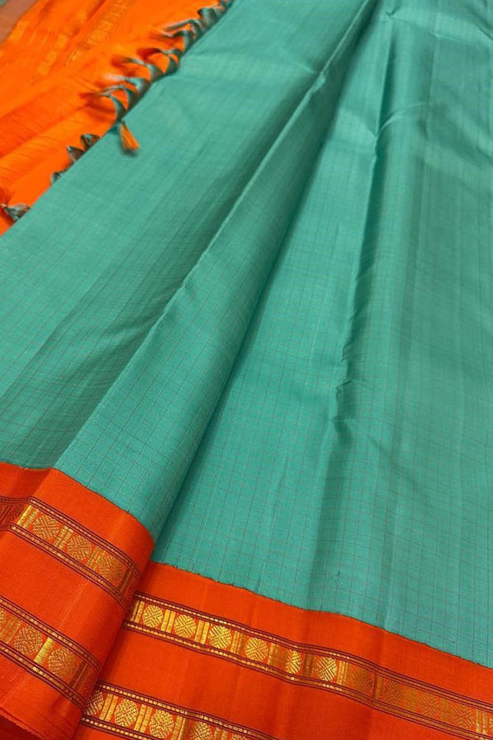 Blue And Orange Kanjeevaram Handloom Pure Silk Saree - Luxurion World