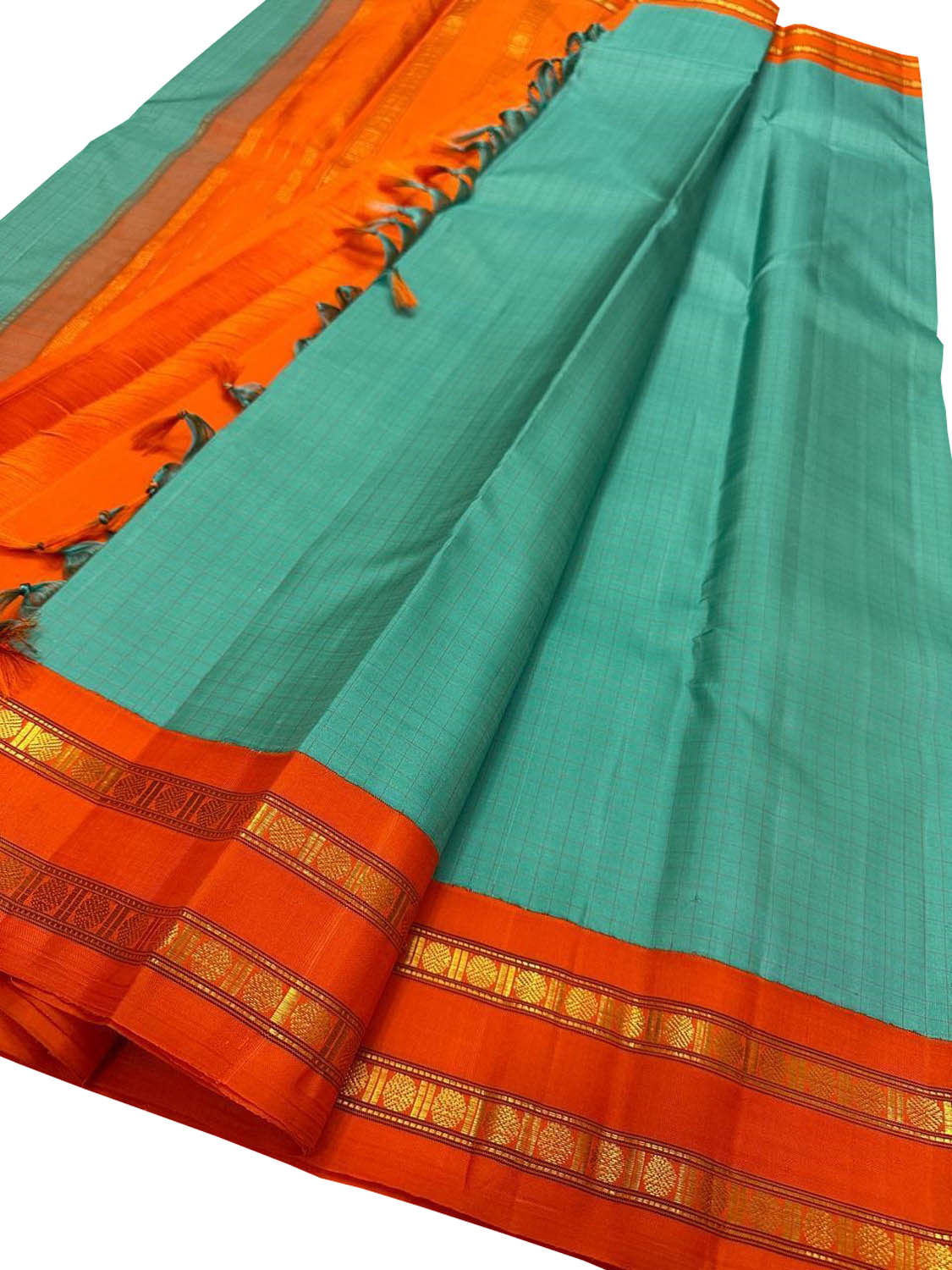 Blue And Orange Kanjeevaram Handloom Pure Silk Saree - Luxurion World