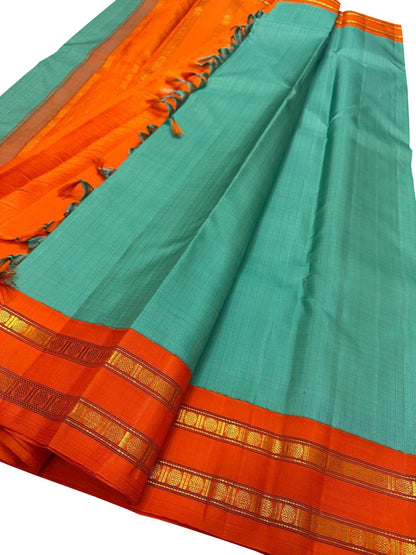 Blue And Orange Kanjeevaram Handloom Pure Silk Saree - Luxurion World
