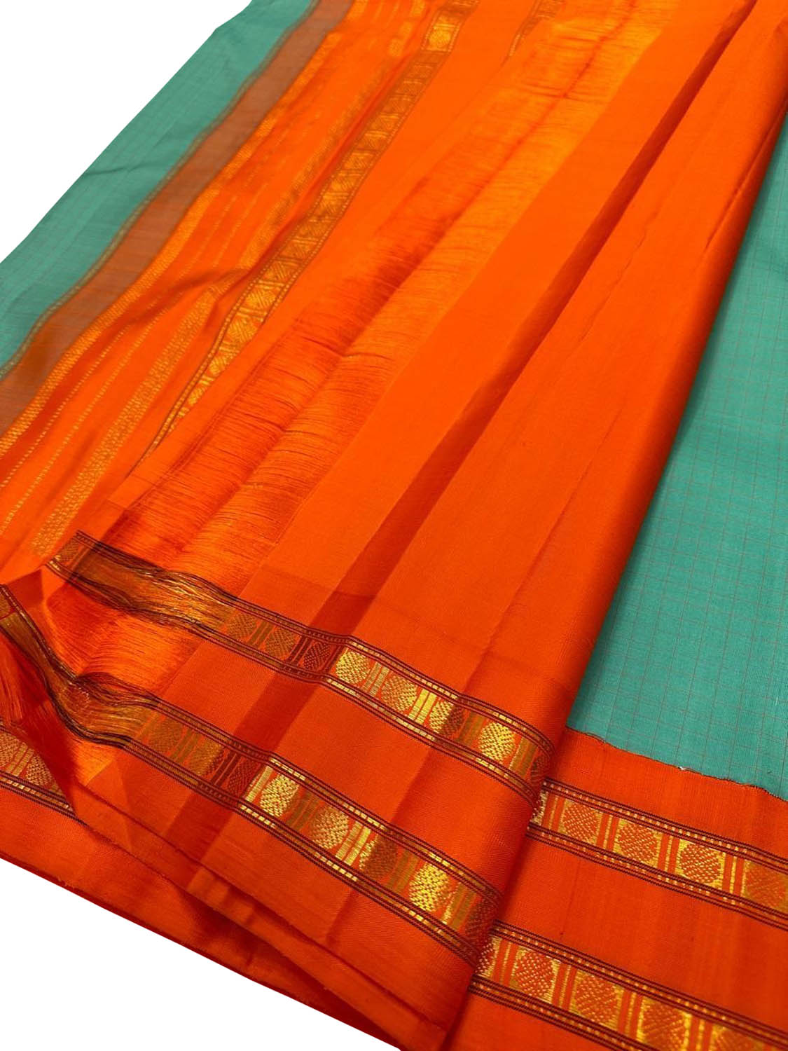 Blue And Orange Kanjeevaram Handloom Pure Silk Saree - Luxurion World