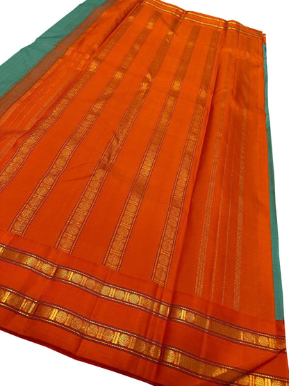 Blue And Orange Kanjeevaram Handloom Pure Silk Saree - Luxurion World