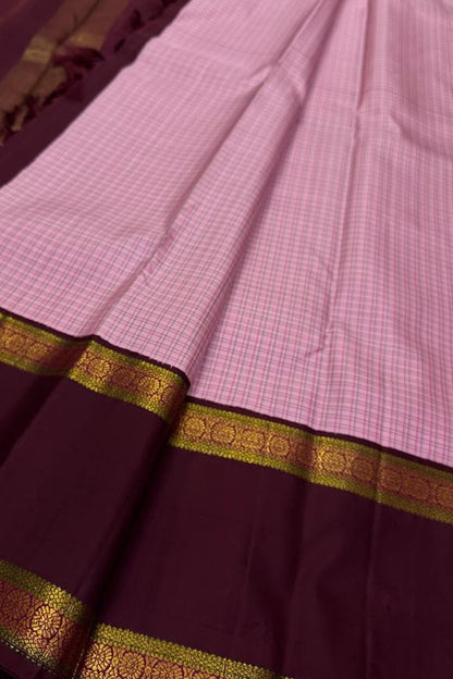 Stunning Pink And Maroon Checks Handloom Kanjeevaram Pure Silk Saree - Luxurion World