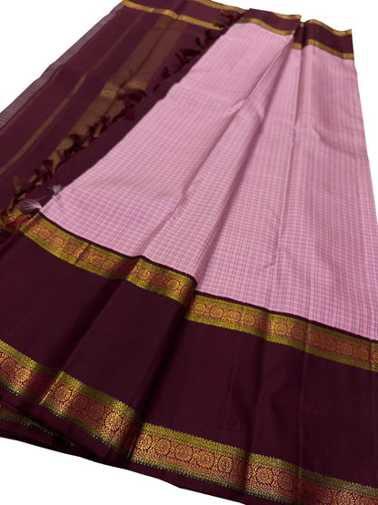 Stunning Pink And Maroon Checks Handloom Kanjeevaram Pure Silk Saree - Luxurion World