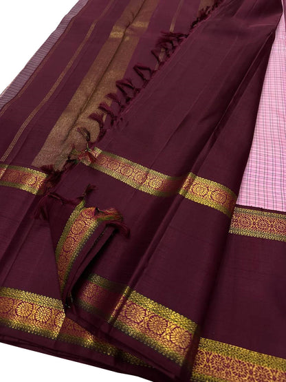 Stunning Pink And Maroon Checks Handloom Kanjeevaram Pure Silk Saree - Luxurion World
