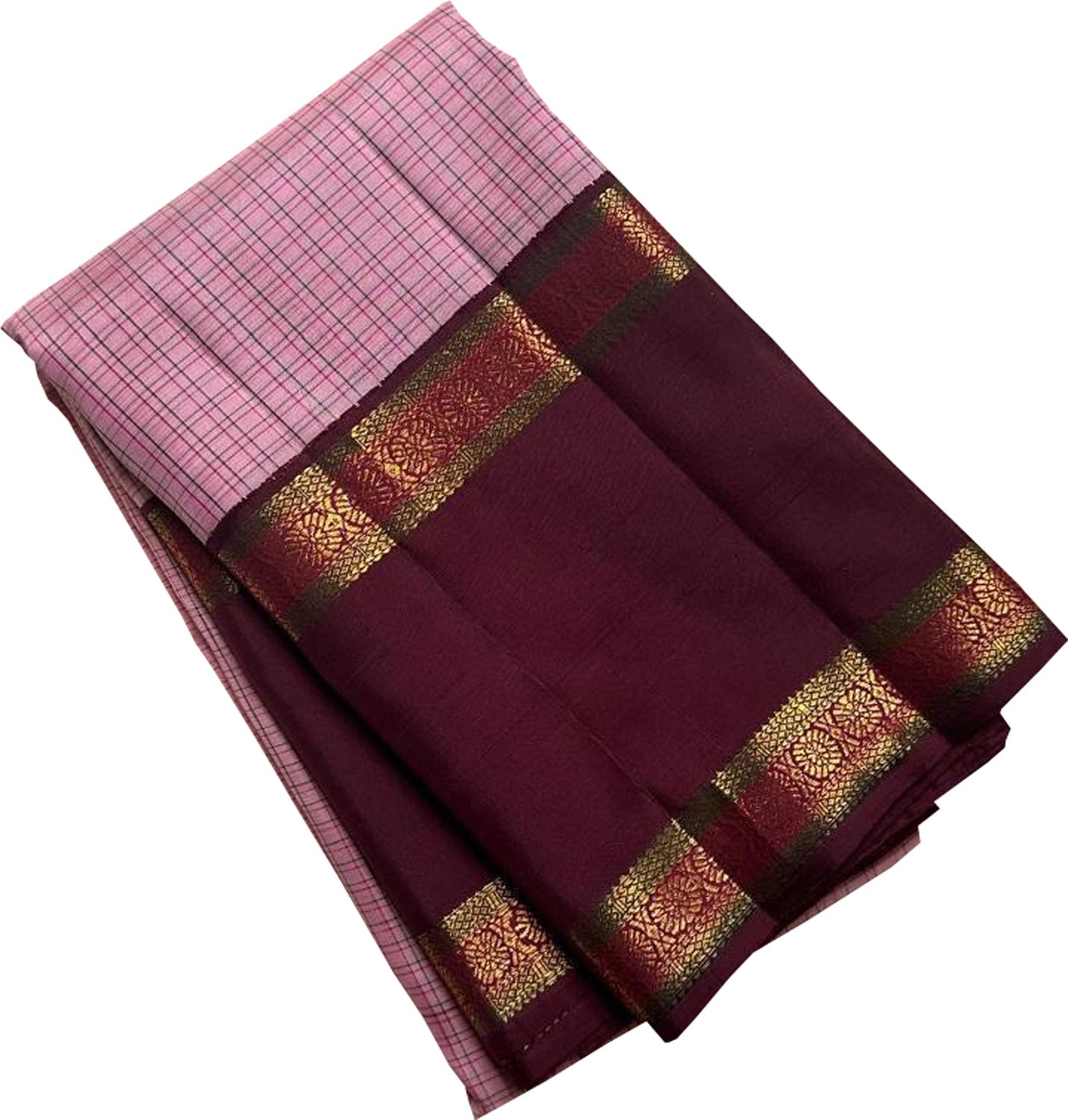 Stunning Pink And Maroon Checks Handloom Kanjeevaram Pure Silk Saree - Luxurion World