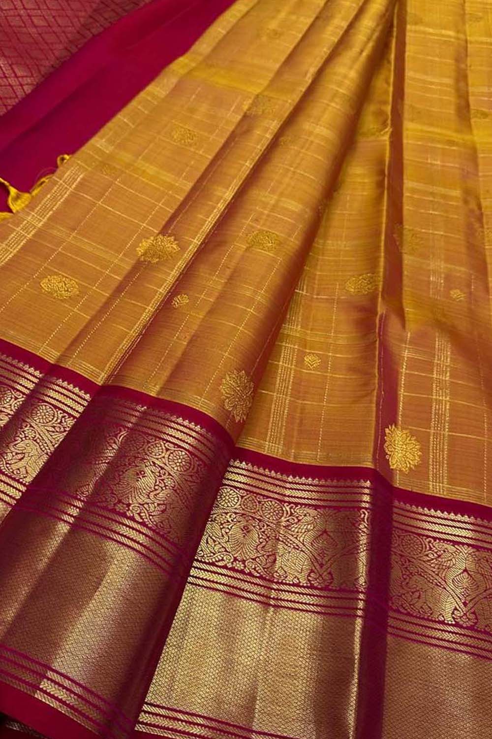 Orange Checks Handloom Kanjeevaram Pure Silk Saree - Luxurion World