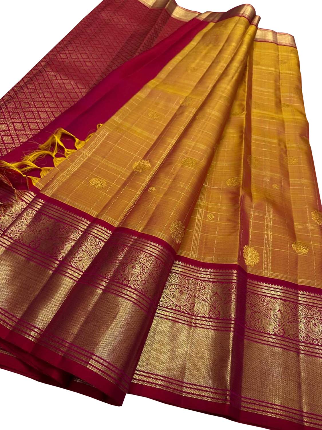 Orange Checks Handloom Kanjeevaram Pure Silk Saree - Luxurion World