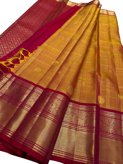 Orange Checks Handloom Kanjeevaram Pure Silk Saree - Luxurion World