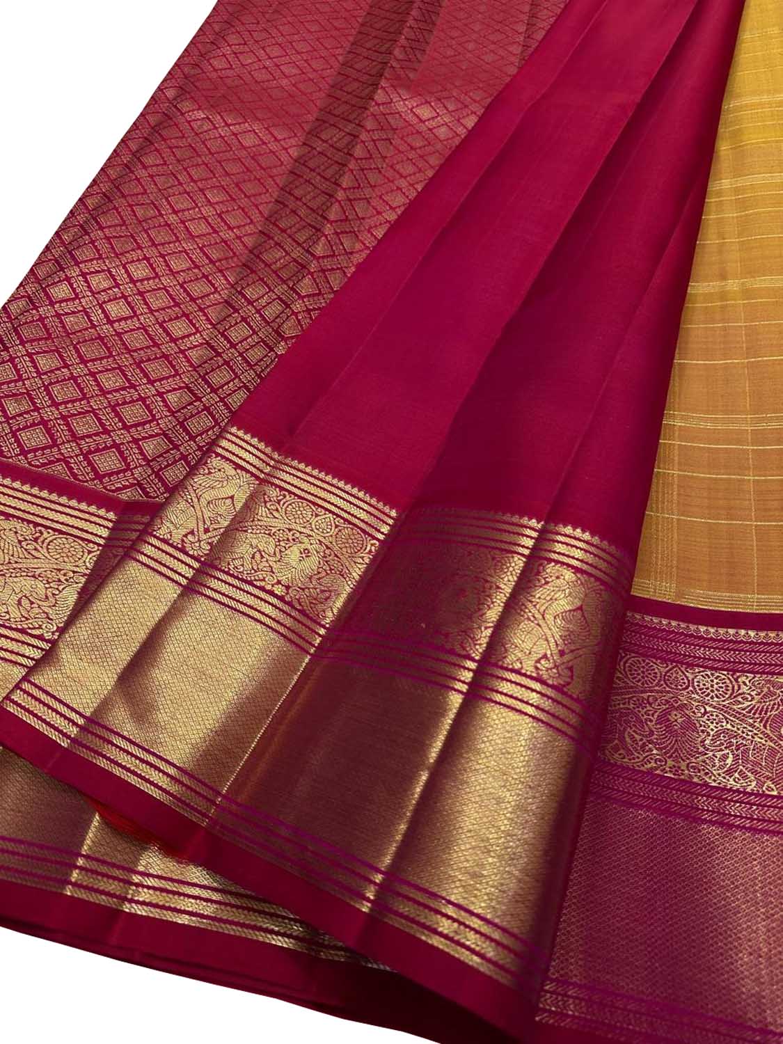 Orange Checks Handloom Kanjeevaram Pure Silk Saree - Luxurion World