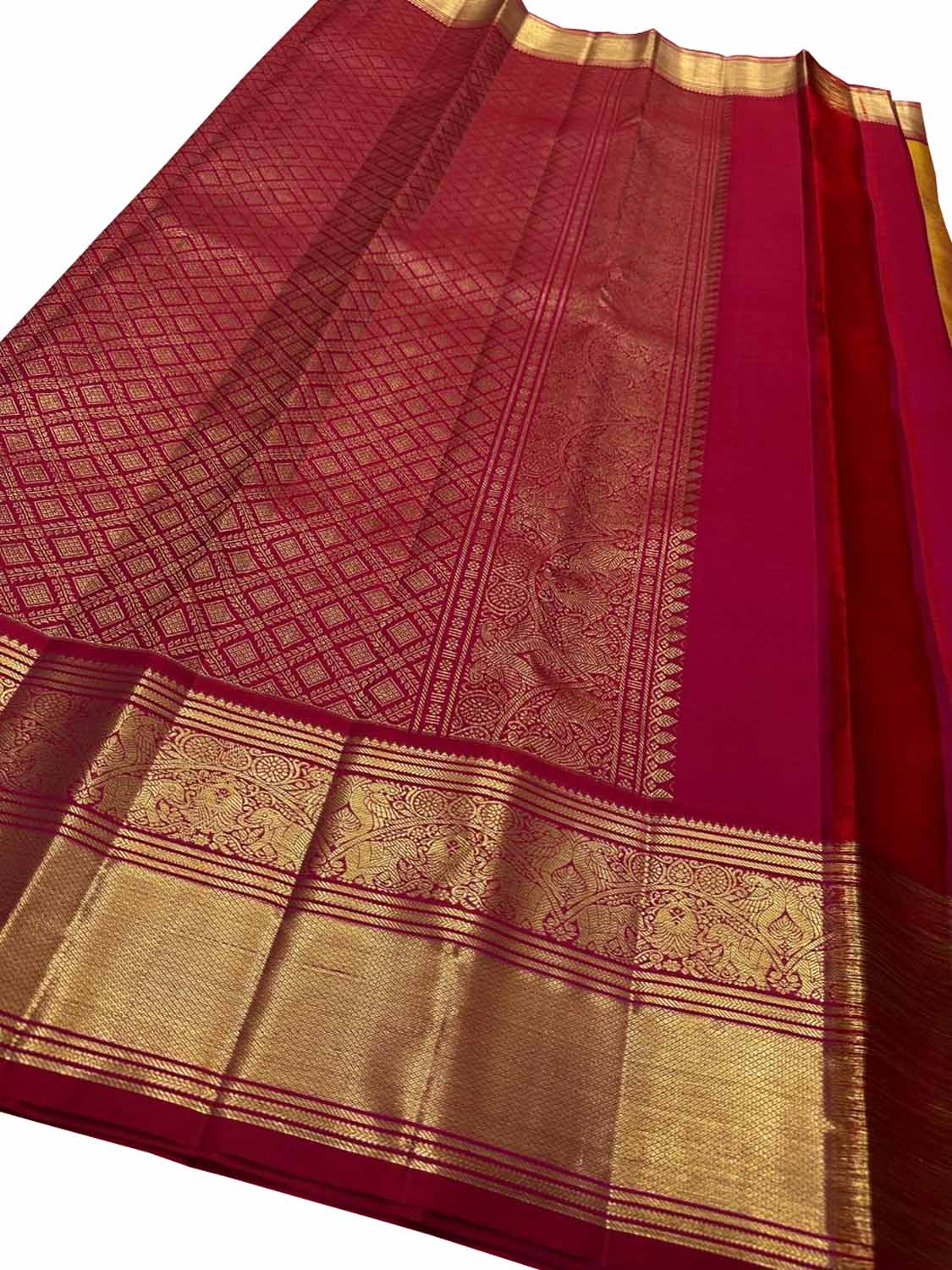 Orange Checks Handloom Kanjeevaram Pure Silk Saree - Luxurion World