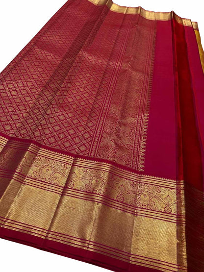 Orange Checks Handloom Kanjeevaram Pure Silk Saree - Luxurion World