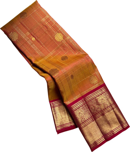 Orange Checks Handloom Kanjeevaram Pure Silk Saree - Luxurion World