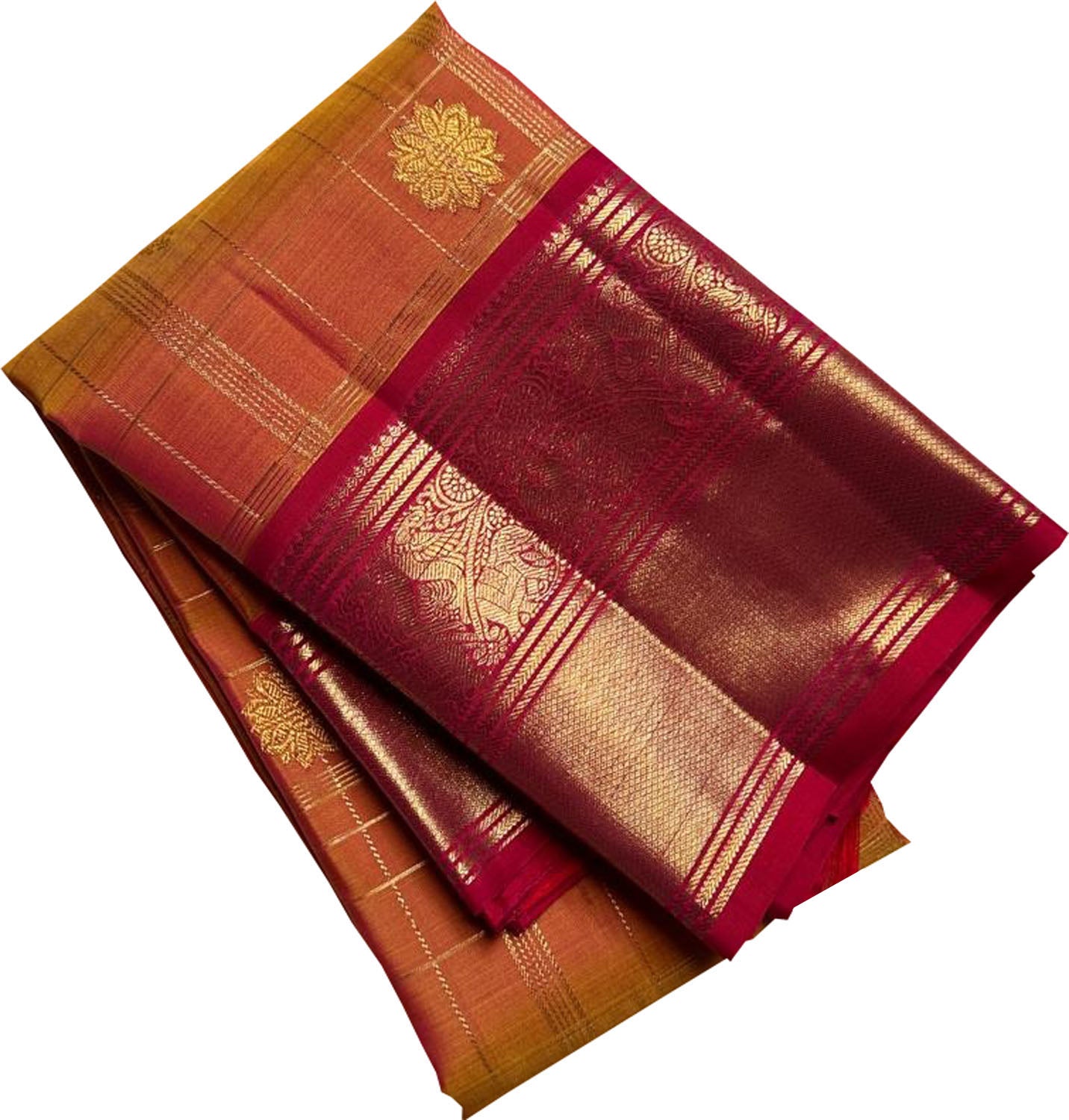 Orange Checks Handloom Kanjeevaram Pure Silk Saree - Luxurion World