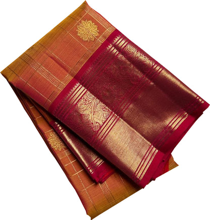 Orange Checks Handloom Kanjeevaram Pure Silk Saree - Luxurion World