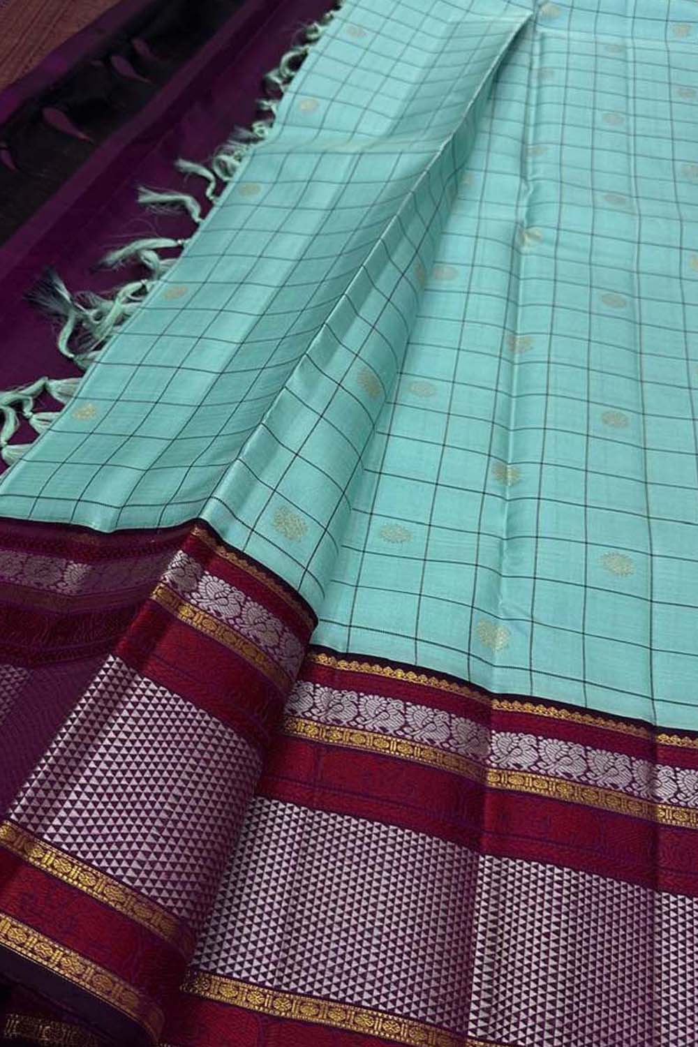 Exquisite Blue Checks Handloom Kanjeevaram Pure Silk Saree - Luxurion World