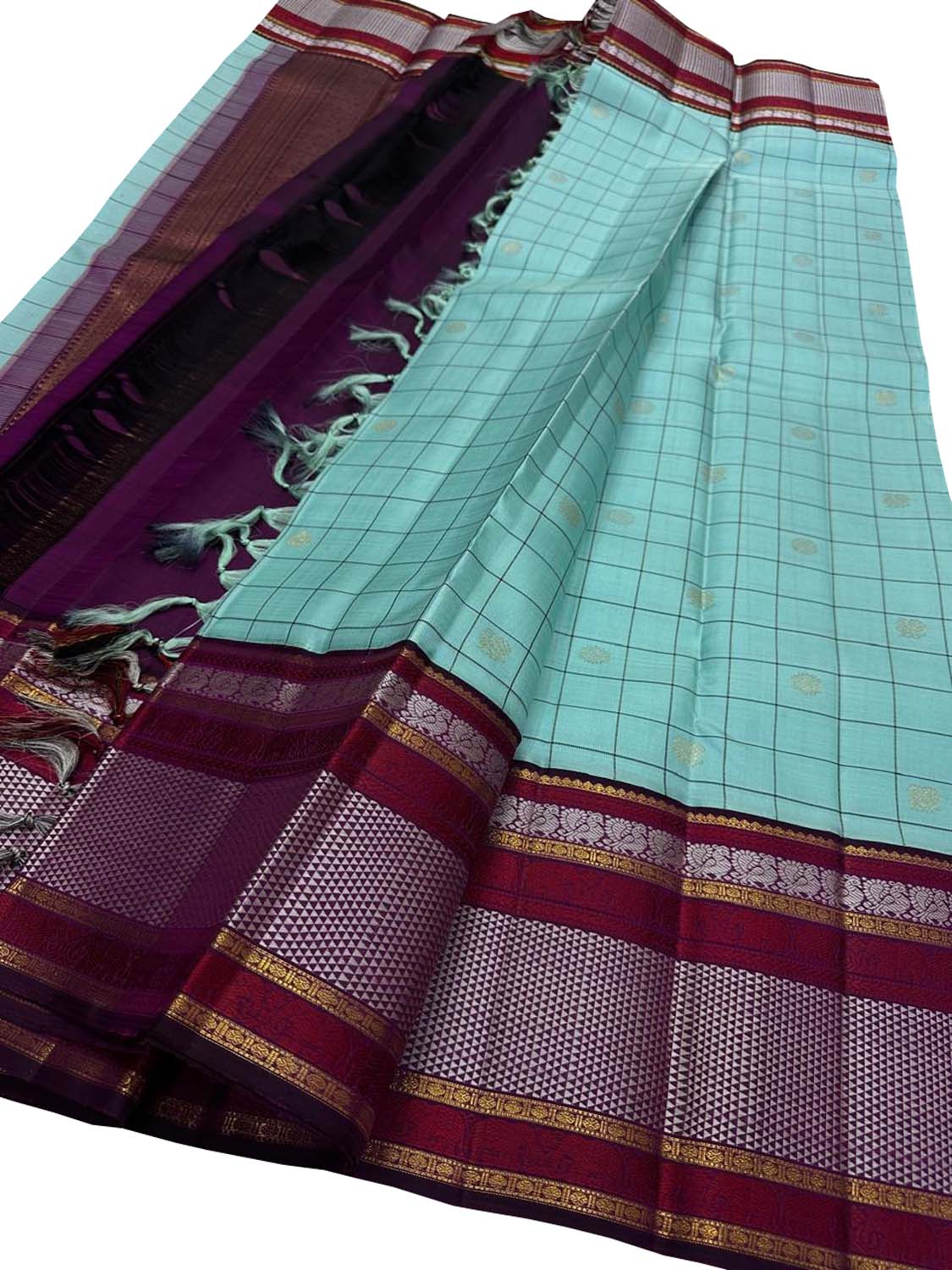 Exquisite Blue Checks Handloom Kanjeevaram Pure Silk Saree - Luxurion World